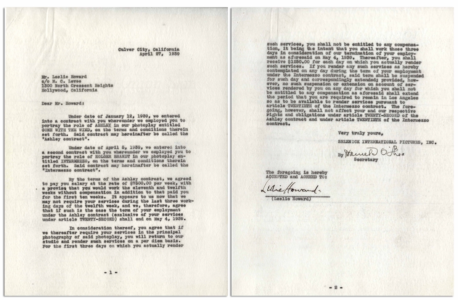 Leslie Howard Agreement Signed Regarding ''the role of ASHLEY in our photoplay entitled GONE WITH THE WIND''
